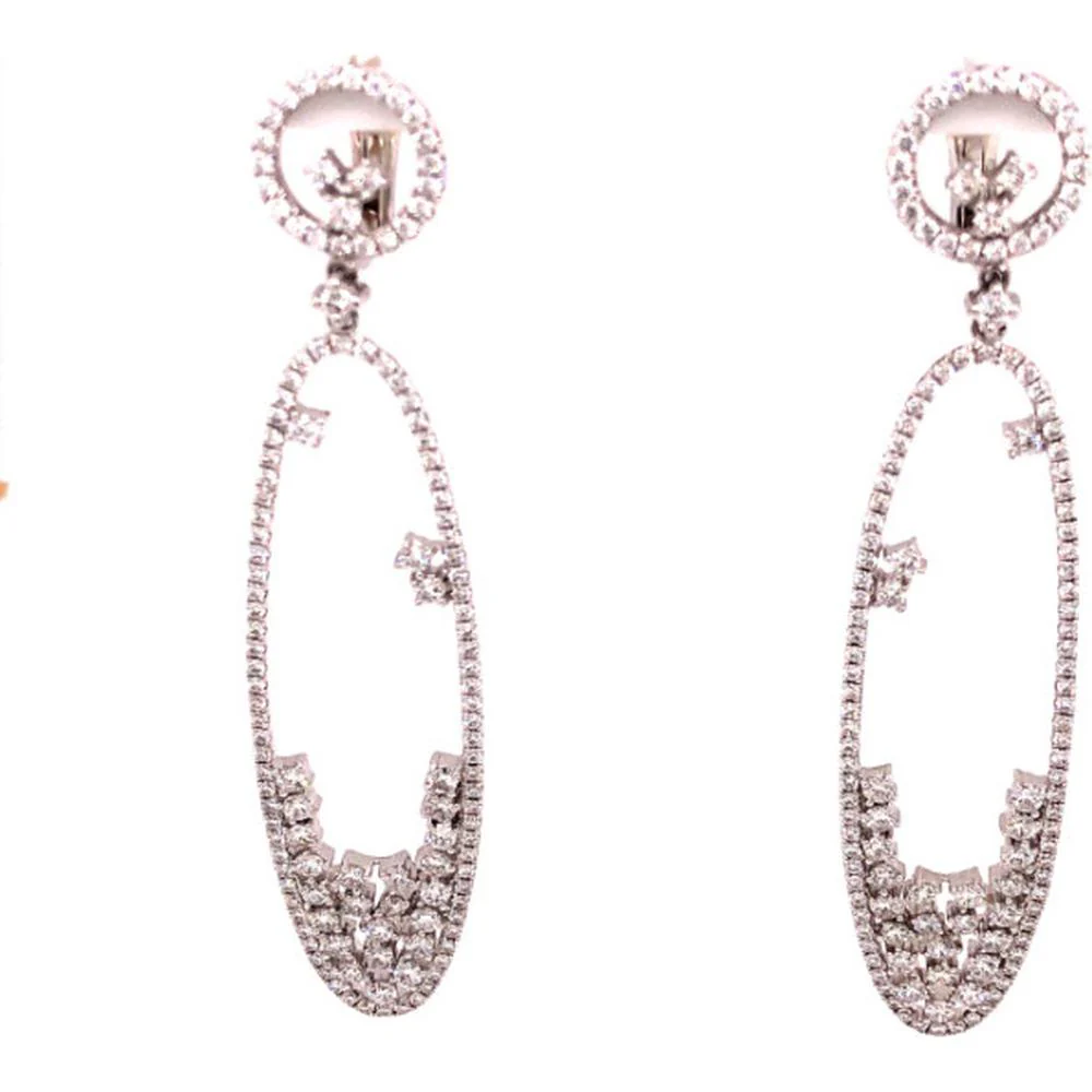 18K White Gold Open Oval Drop Earrings with Round Diamonds and Celestial Star Motifs by Afarin