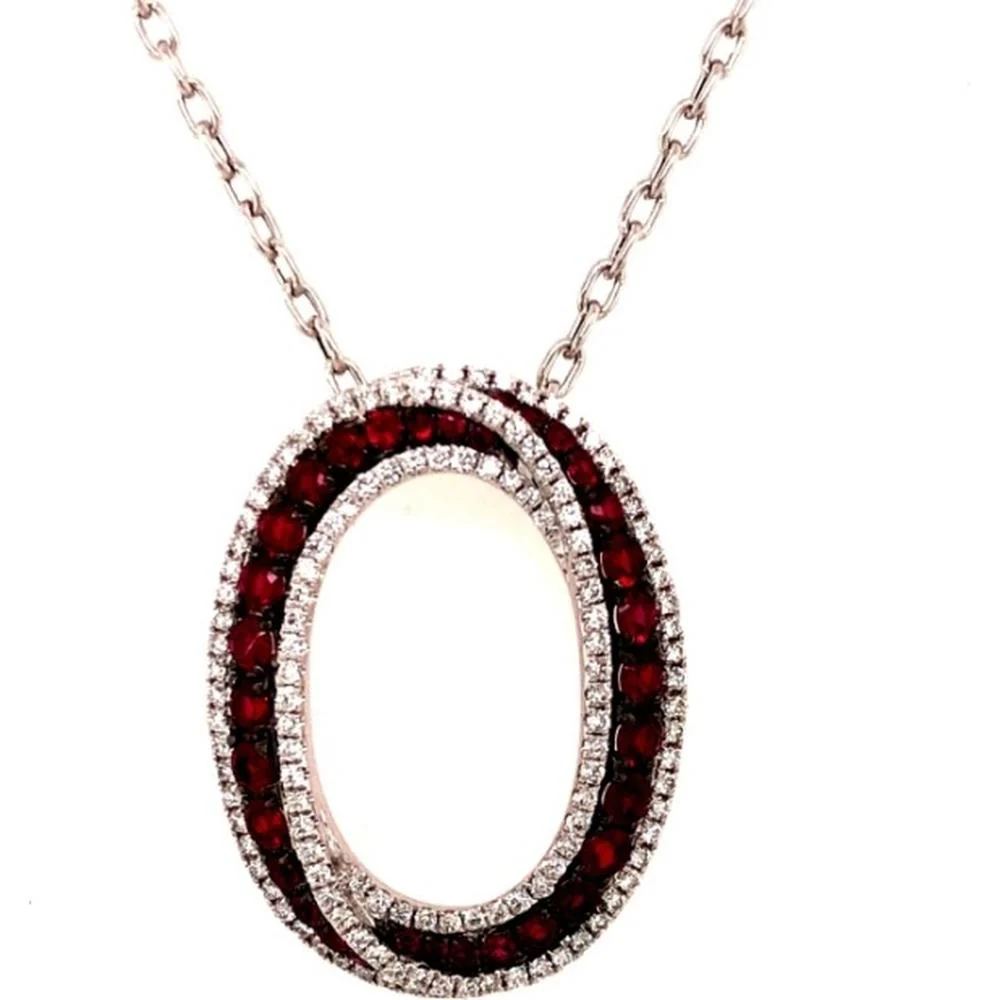 18K White Gold Open Oval Pendant Necklace with Rubies and Diamonds by Afarin