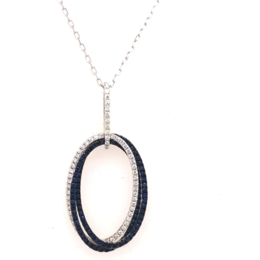18K White Gold Open Oval Pendant with Blue Sapphires and Diamond Accents by Afarin