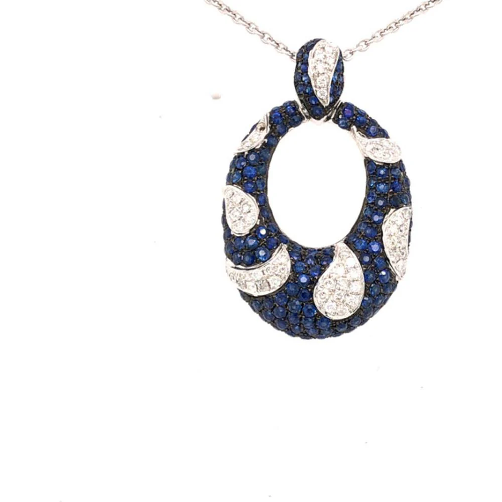 18K White Gold Open Oval Pendant with Pavé Blue Sapphires and Diamond Accents by Afarin