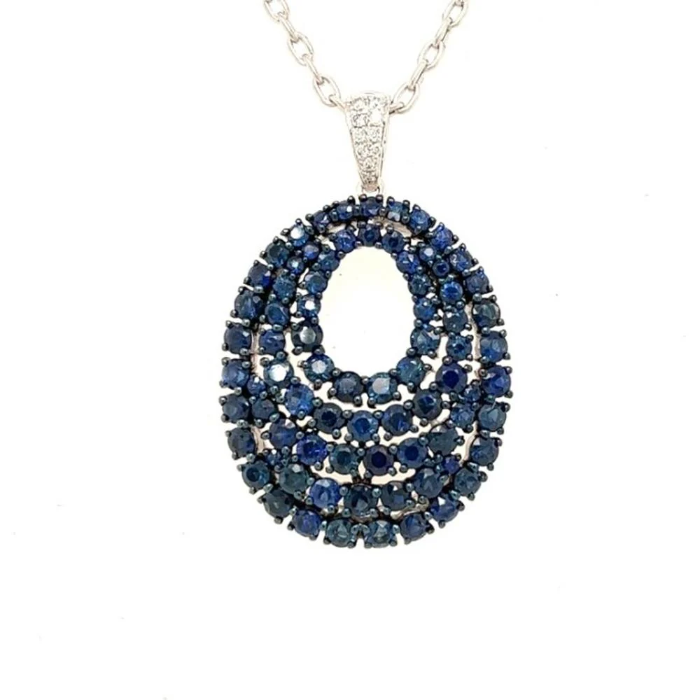 18K White Gold Open Oval Pendant with Round Blue Sapphires and Diamond Accent Bail by Afarin