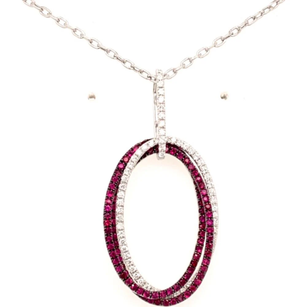 18K White Gold Open Oval Pendant with Rubies and Diamond Accents by Afarin