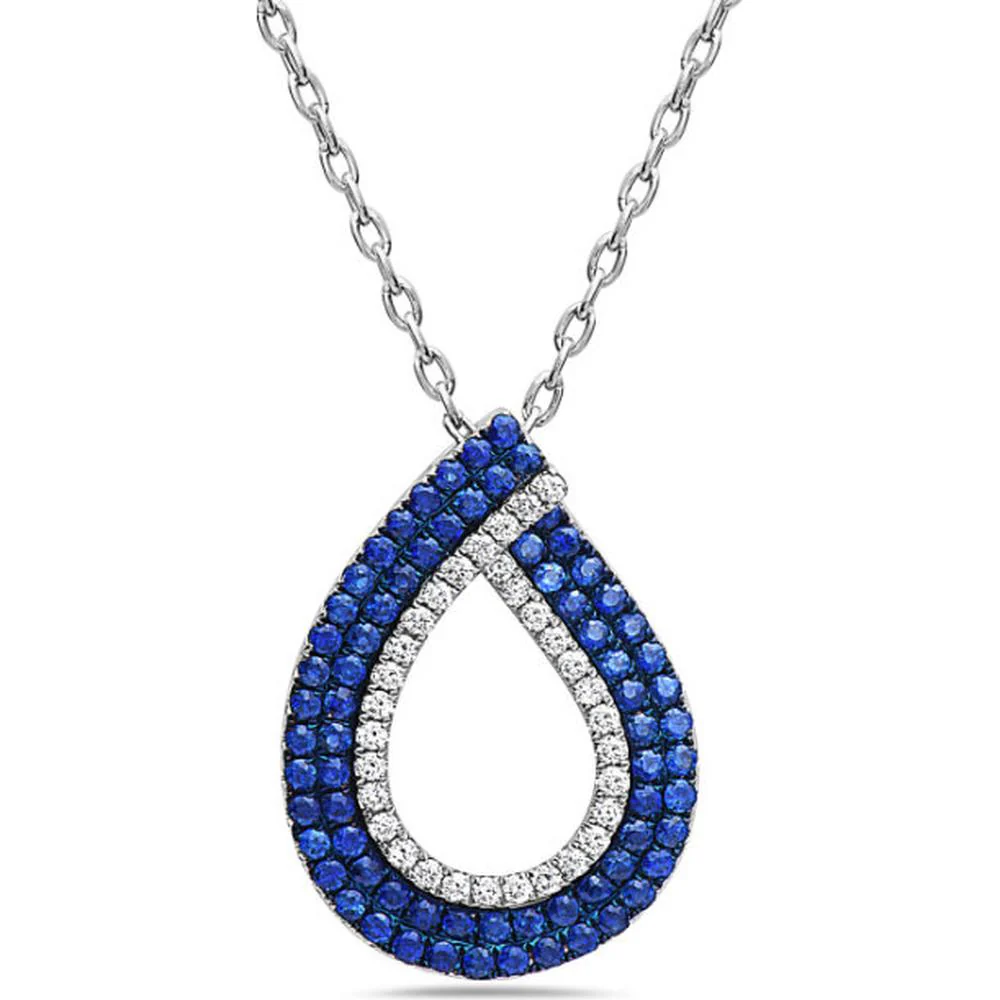 18K White Gold Open Pear Pendant with Blue Sapphires and Diamonds by Afarin