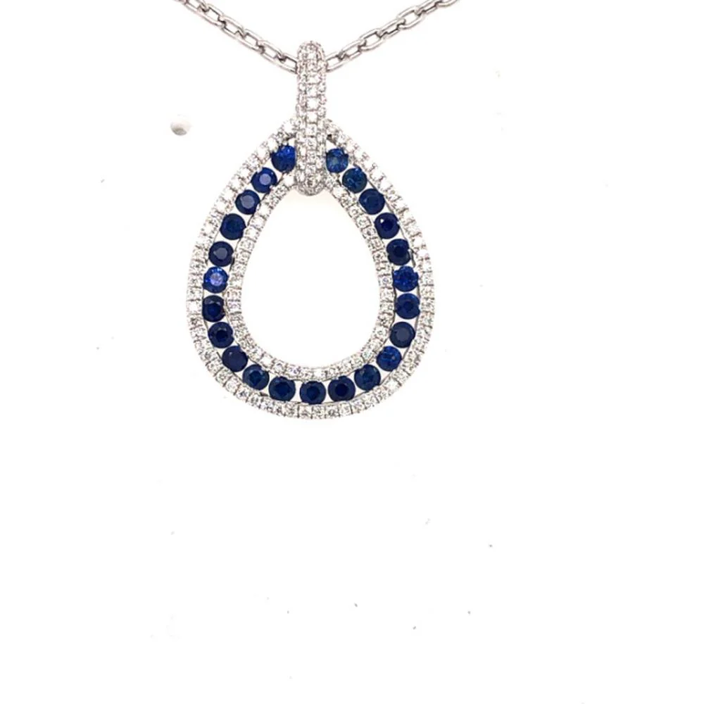 18K White Gold Open Pear Pendant with Round Blue Sapphires and Diamond Halo by Afarin
