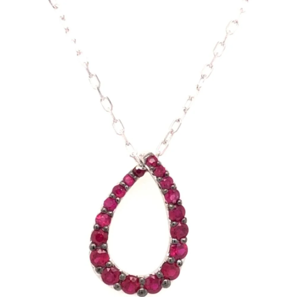18K White Gold Open Pear Shaped Pendant Necklace with Prong Set Round Rubies by Afarin