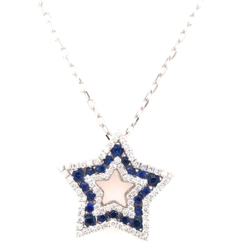 18K White Gold Open Star Pendant Necklace with Blue Sapphires and Diamond Accents by Afarin
