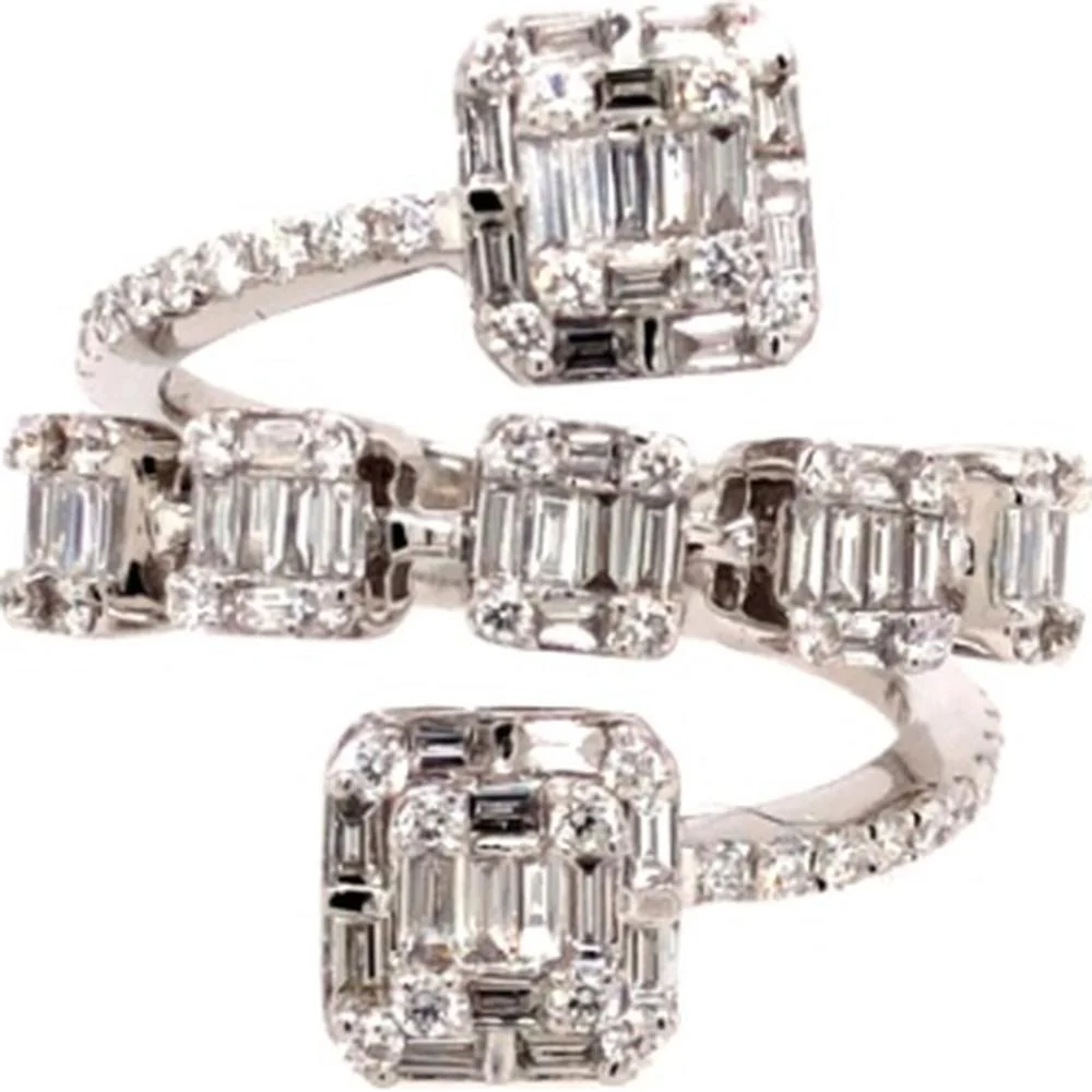 18K White Gold Open Statement Ring with Emerald-Shaped Diamond Cluster Ends and Halo-Style Diamond Details by Afarin