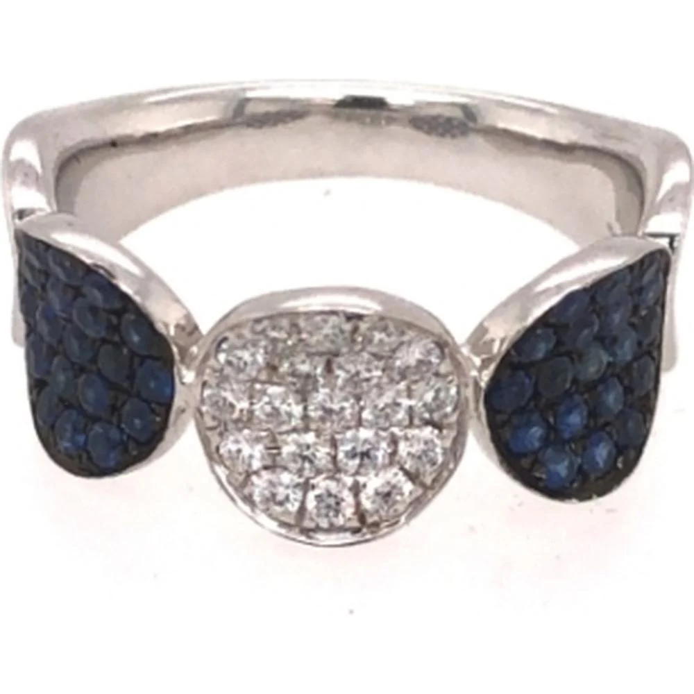 18K White Gold Open Style Ring with Round Diamond Cluster and Blue Sapphire Accents by Afarin