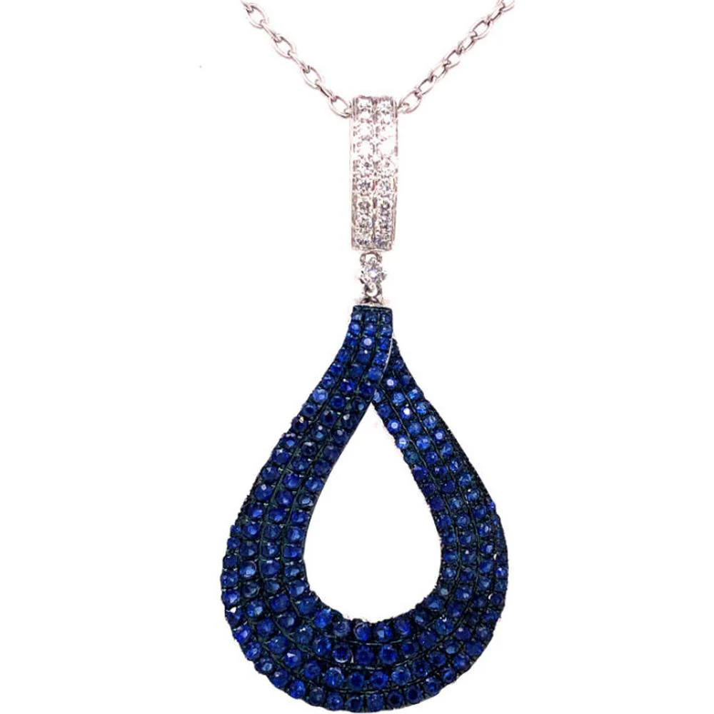 18K White Gold Open Teardrop Pendant with Blue Sapphires and Diamond-Accented Bale by Afarin