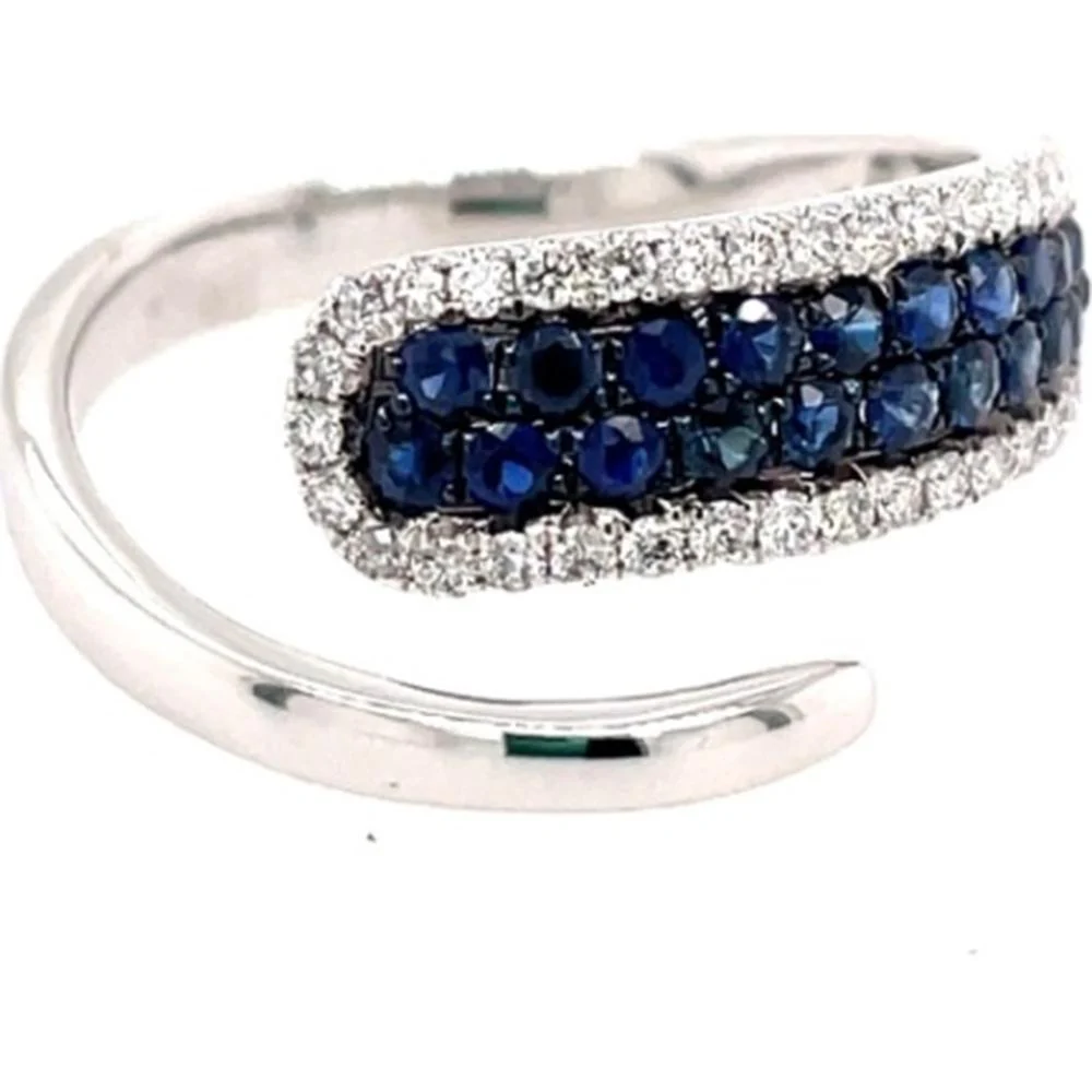 18K White Gold Open Wrap Ring with Diamond Halo and Blue Sapphires by Afarin