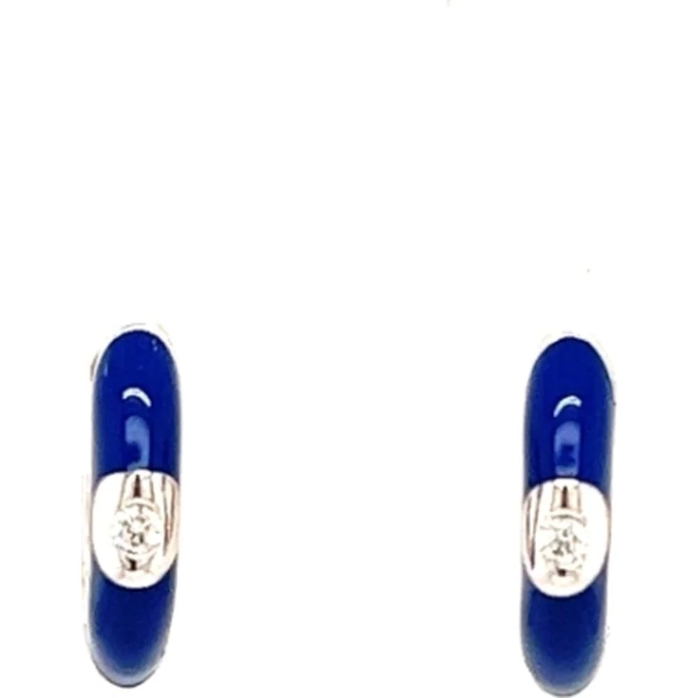 18K White Gold Oval Blue Enamel Earrings with Diamond Accents by Afarin