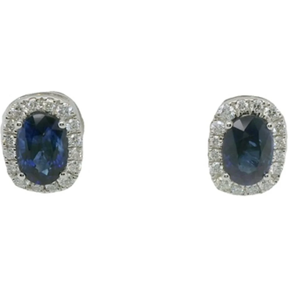 18K White Gold Oval Blue Sapphire and Diamond Halo Stud Earrings by Afarin