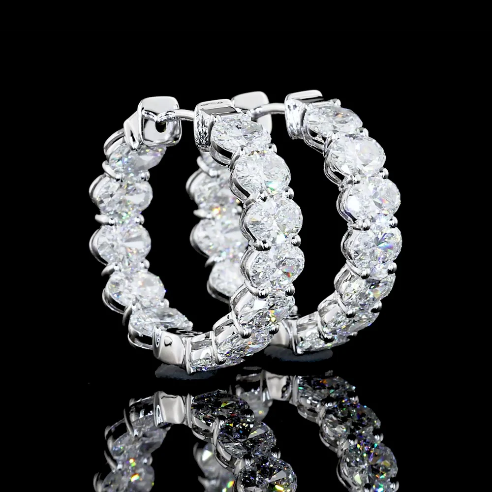 18K White Gold Oval Cut Lab Diamond Huggie Earrings - 5.16 Carat Total Weight - Covaloro Fine Jewelry