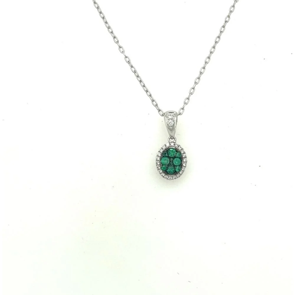 18K White Gold Oval Emerald Cluster Halo Pendant with Diamonds by Afarin