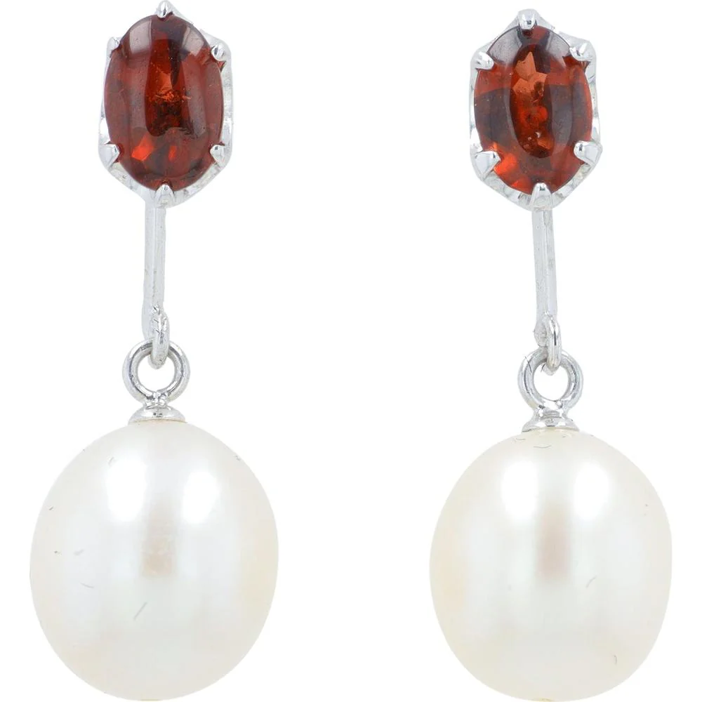 18K White Gold Oval Garnet & Pearl Drop Earrings - Total Garnet 1.0 Carat & Pearl Accents