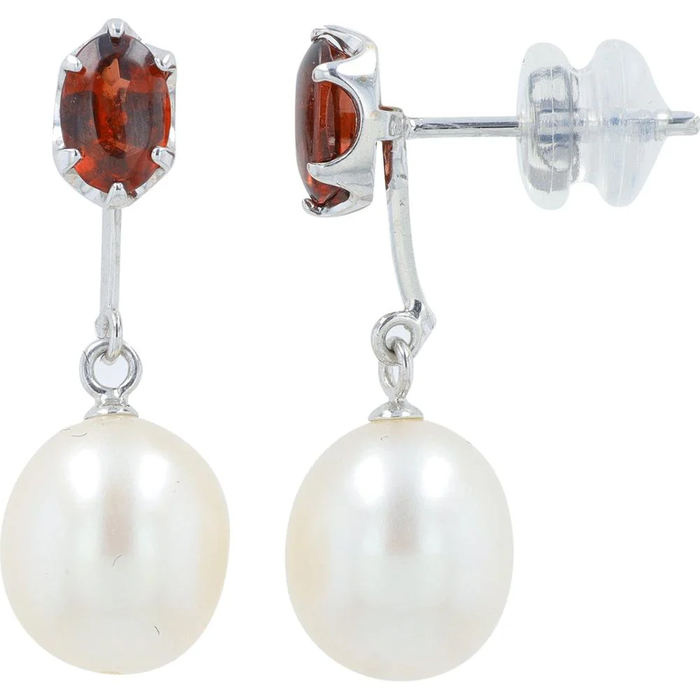 18K White Gold Oval Garnet & Pearl Drop Earrings - Total Garnet 1.0 Carat & Pearl Accents - Image 2