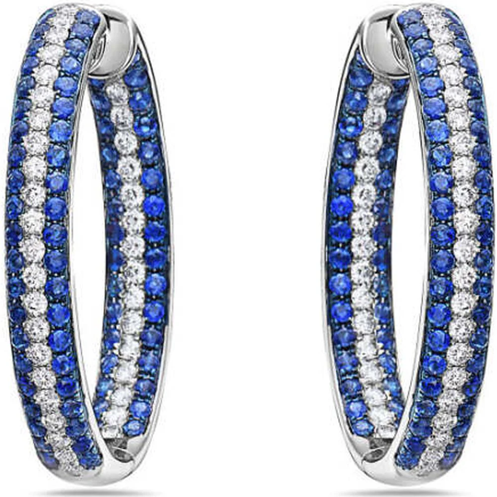 18K White Gold Oval Hoop Earrings with Blue Sapphires and Diamonds by Afarin