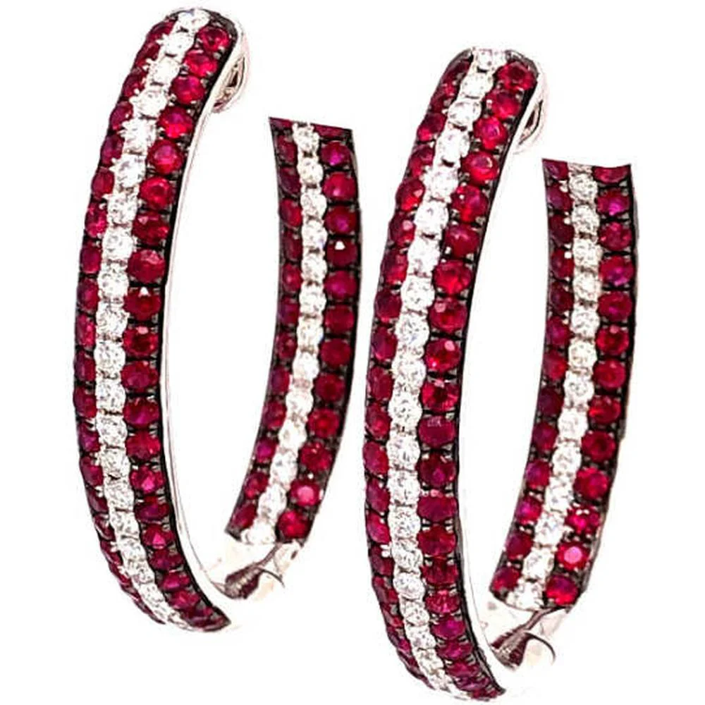 18K White Gold Oval Hoop Earrings with Round Rubies and Center Line Diamonds by Afarin