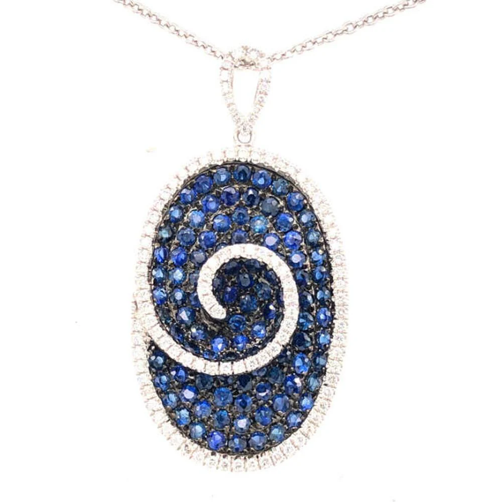 18K White Gold Oval Spiral Pendant with Blue Sapphires and Black Diamonds by Afarin