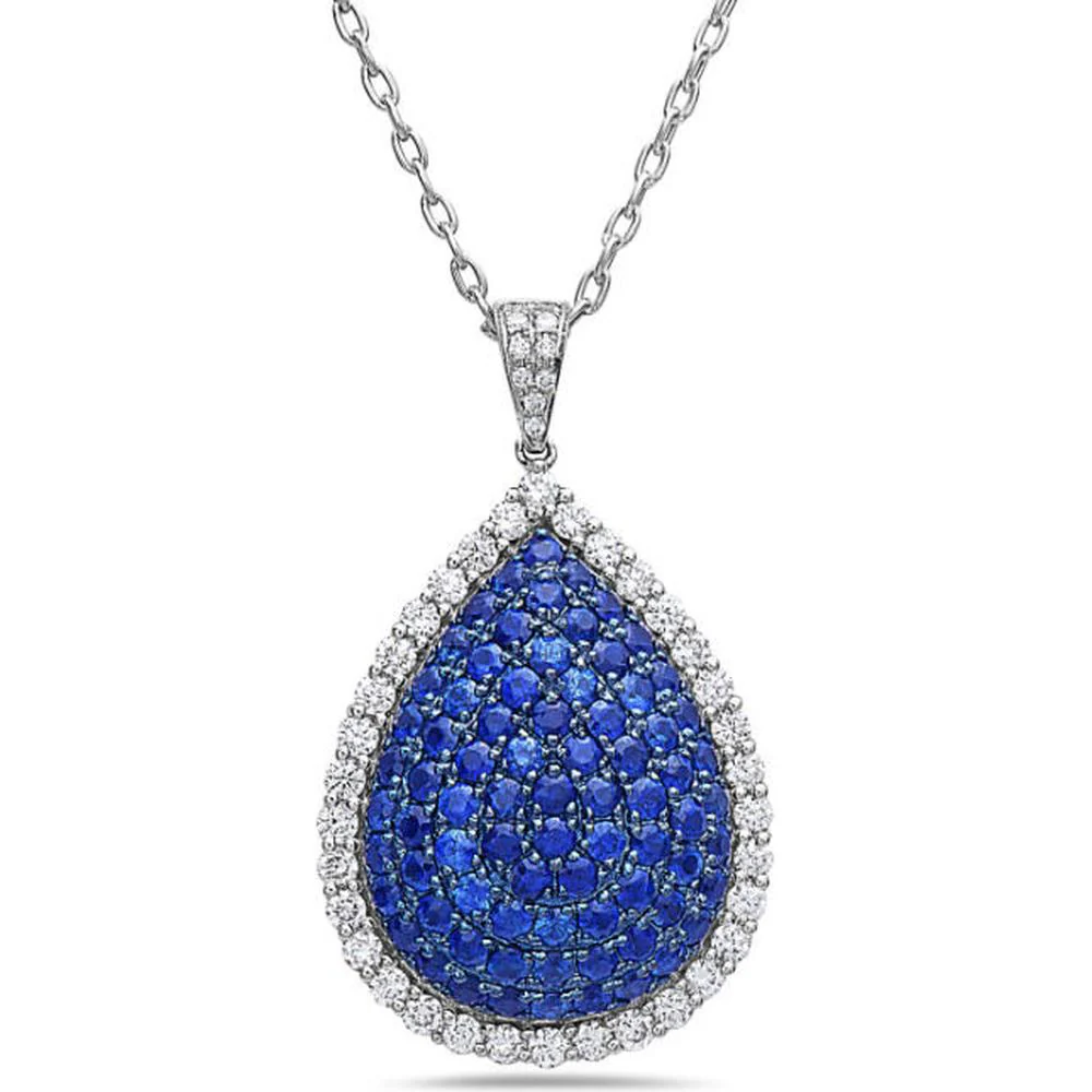 18K White Gold Pear-Shaped Blue Sapphire Pendant with Diamond Halo by Afarin