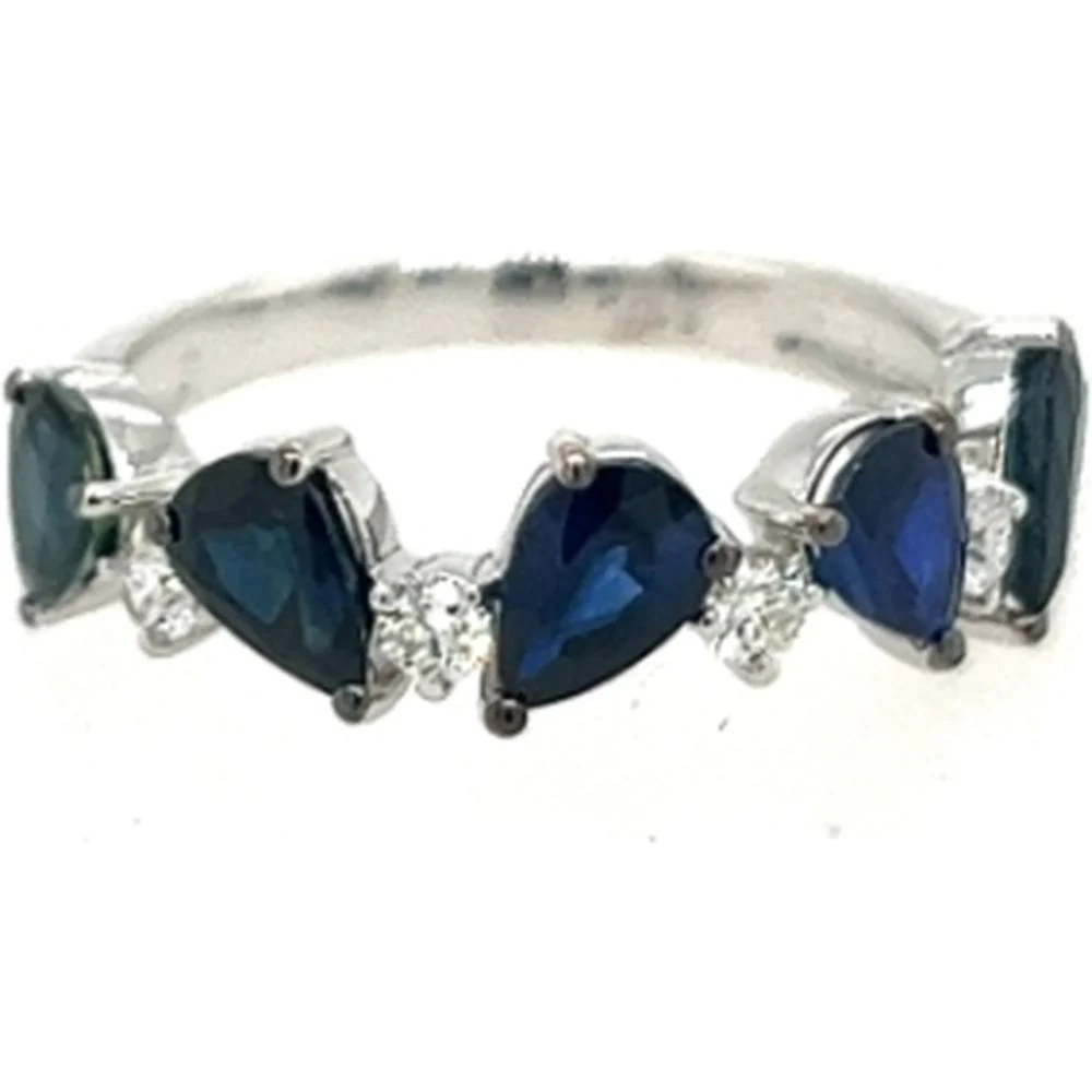 18K White Gold Pear-Shaped Blue Sapphire Ring with Round Diamond Accents by Afarin