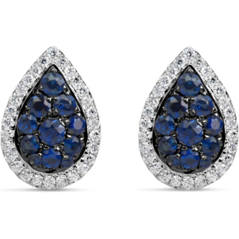 18K White Gold Pear-Shaped Earrings with Blue Sapphires and Diamond Halo by Afarin