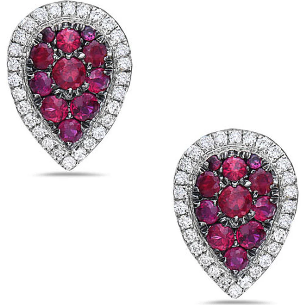 18K White Gold Pear-Shaped Ruby and Diamond Halo Drop Earrings by Afarin
