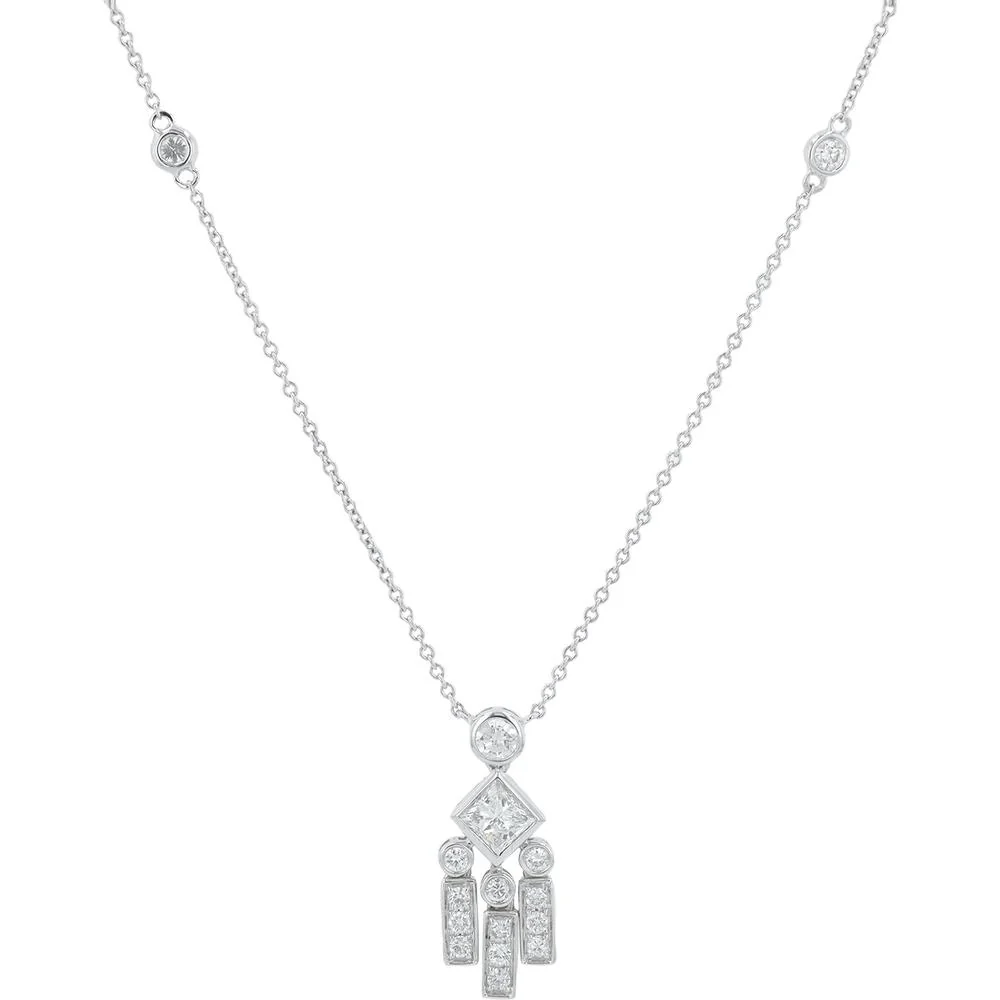 18K White Gold Pendant Necklace with 0.72 Carat Princess Cut Diamond and 0.88 Carat Total Round Diamonds - 1.60 Carat Total Diamond Weight