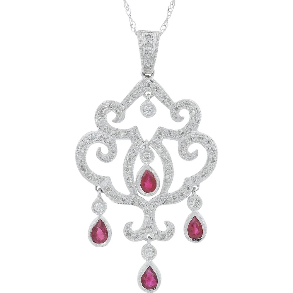 18K White Gold Pendant with 0.90 Carat Pear - Shaped Rubies and 0.45 Carat Total Diamonds - Elegant Scroll Design