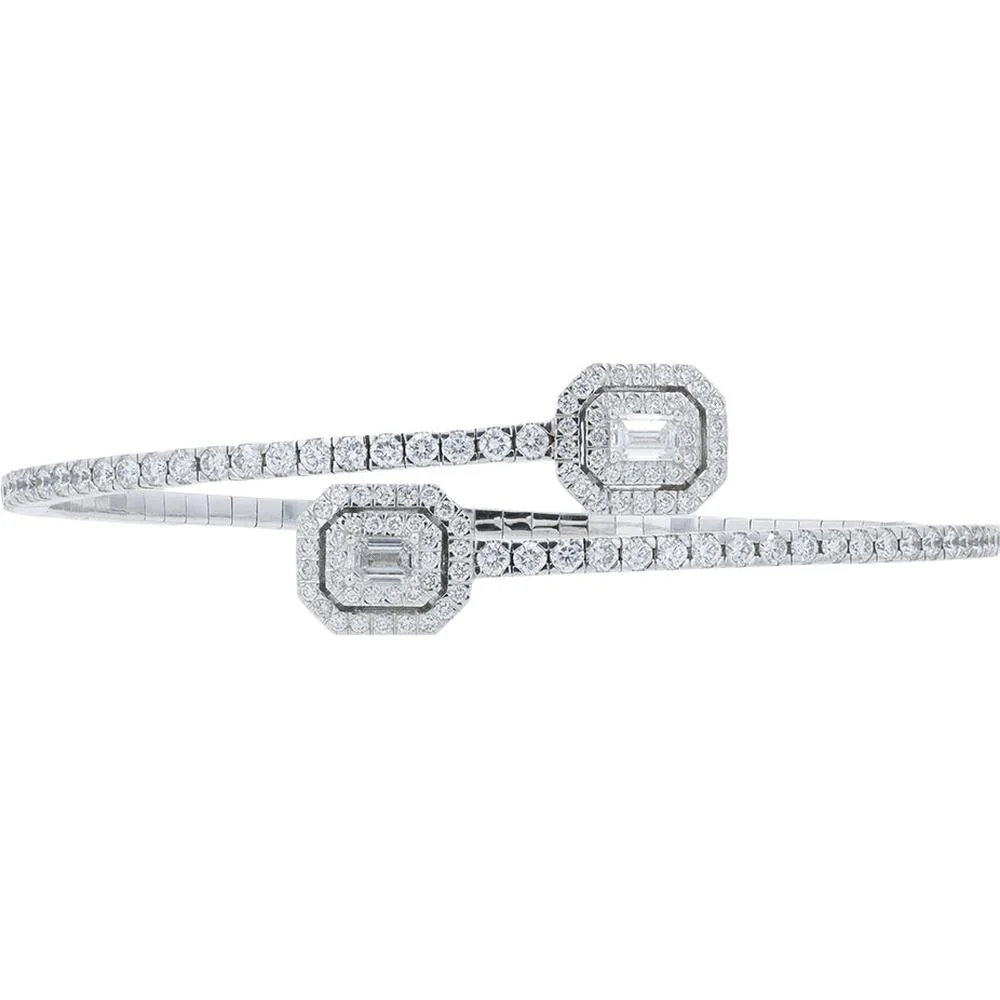 18K White Gold Penny Preville Diamond Bypass Bangle with Octagonal Double - Halo Ends and Emerald - Cut Centers - 3.01 Carat Total Diamond Weight