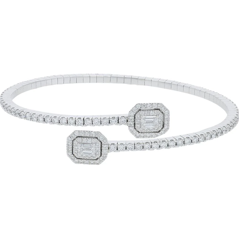 18K White Gold Penny Preville Diamond Bypass Bangle with Octagonal Double - Halo Ends and Emerald - Cut Centers - 3.01 Carat Total Diamond Weight - Image 2
