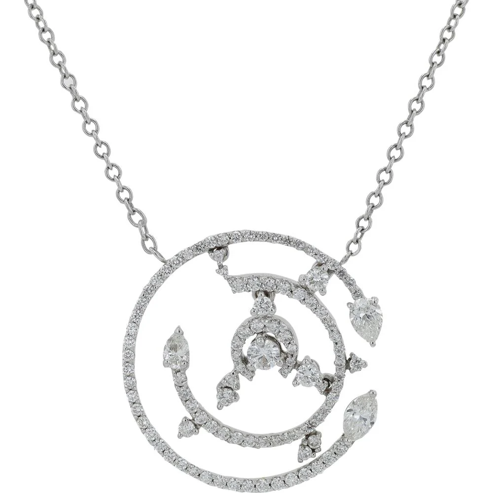 18K White Gold Penny Preville Swirl Circle Diamond Pendant Necklace with Pear - Shaped Diamond Accents - 1.26 Carat Total Diamond Weight