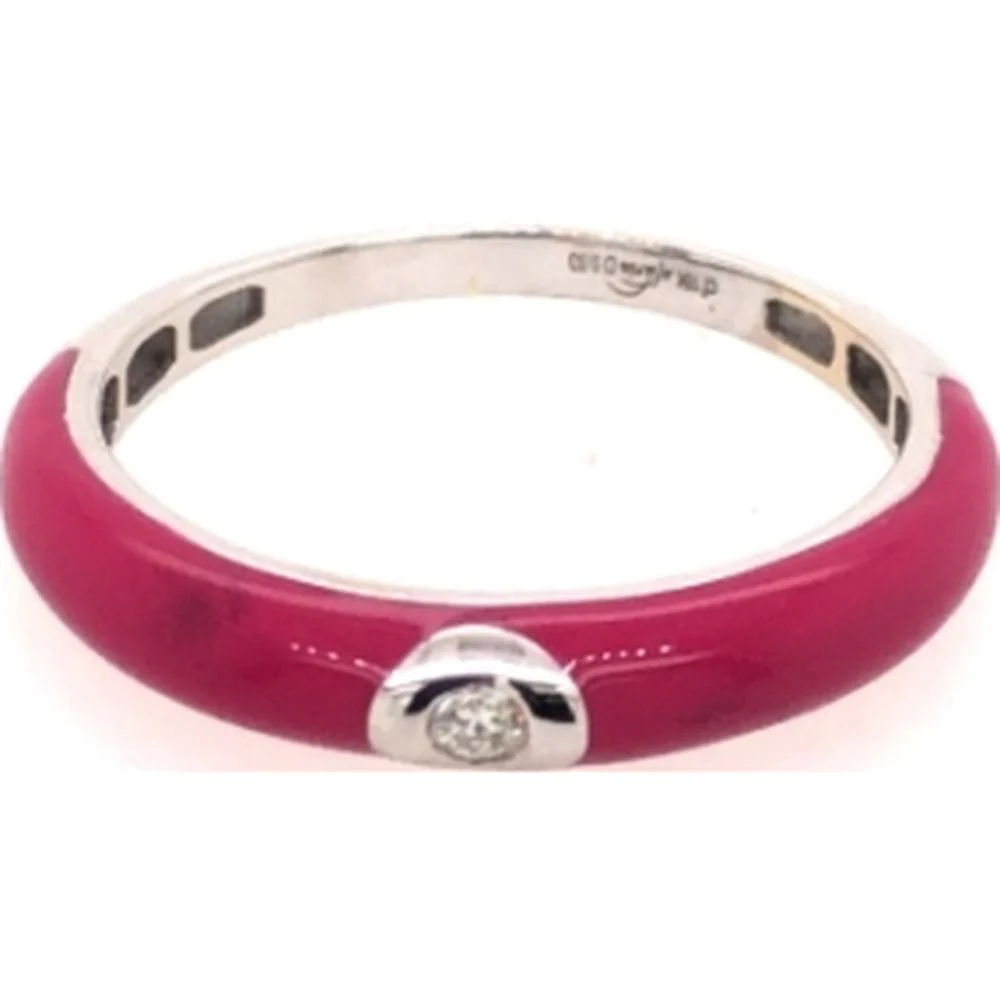 18K White Gold Pink Enamel Band Ring with Round Diamond Accent by Afarin