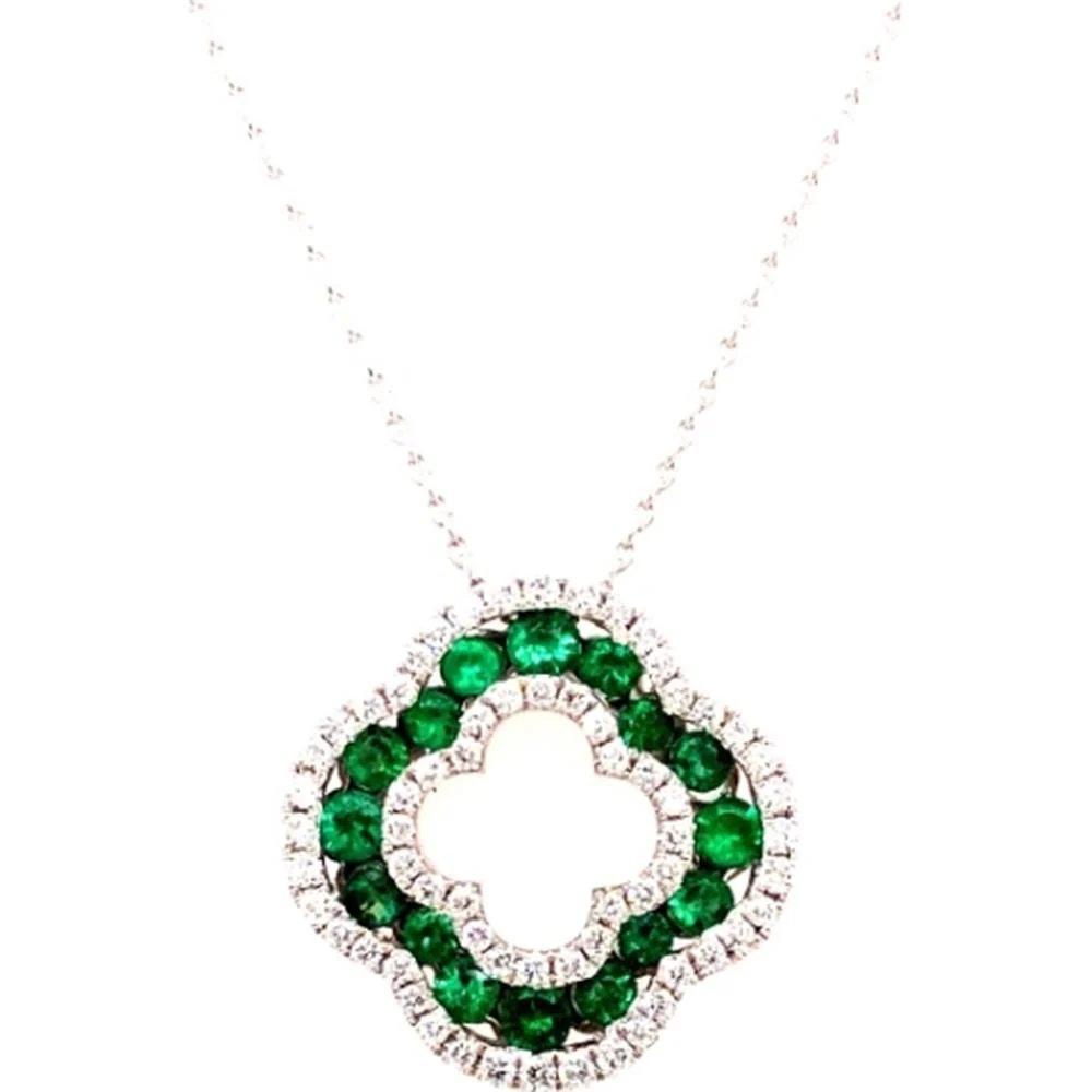 18K White Gold Quatrefoil Pendant with Emeralds and Diamond Halo by Afarin