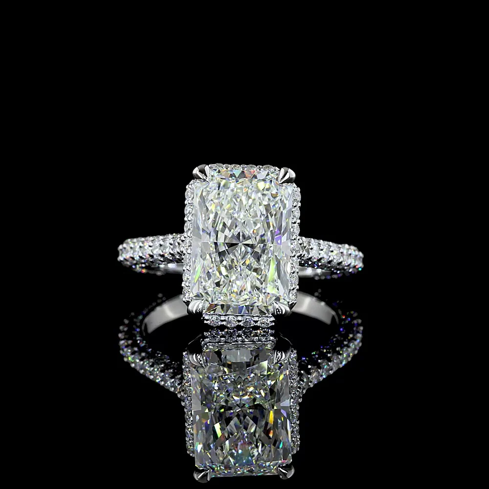 18K White Gold Radiant Cut Diamond Halo Ring with Pavé Shank - 5.46 Carat Total Weight (4.10 Carat F VVS2 Center) - Covaloro Fine Jewelry