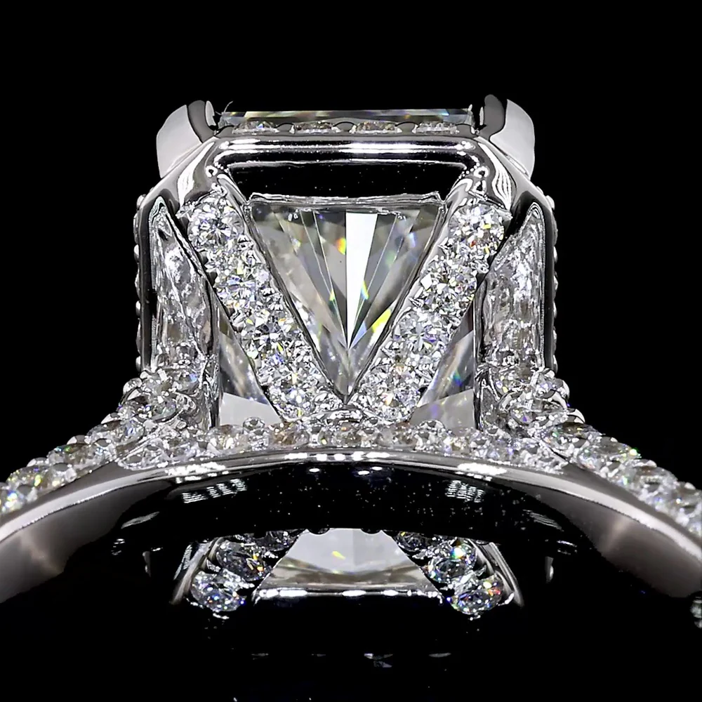 18K White Gold Radiant Cut Diamond Halo Ring with Pavé Shank - 5.46 Carat Total Weight (4.10 Carat F VVS2 Center) - Covaloro Fine Jewelry - Image 3