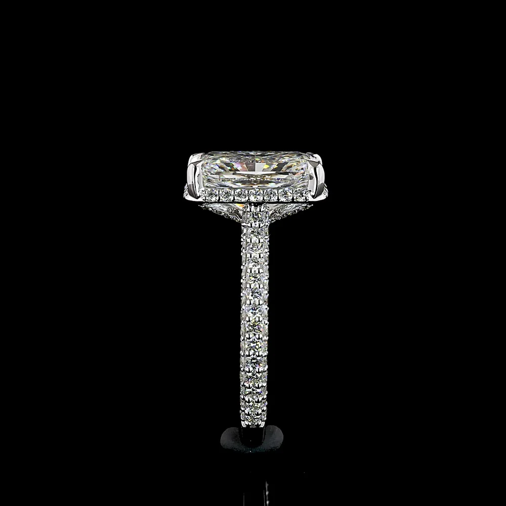 18K White Gold Radiant Cut Diamond Halo Ring with Pavé Shank - 5.46 Carat Total Weight (4.10 Carat F VVS2 Center) - Covaloro Fine Jewelry - Image 4