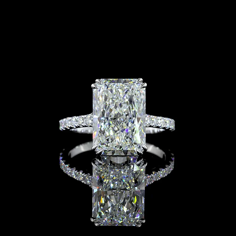 18K White Gold Radiant Cut Hidden Halo Ring with 5.12 Carat F VVS2 Lab Diamond and 34 Diamond Accents - 5.71 Total Carat Weight - Covaloro Fine Jewelry