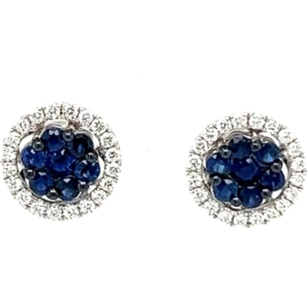18K White Gold Round Blue Sapphire Cluster Halo Stud Earrings with Diamonds by Afarin