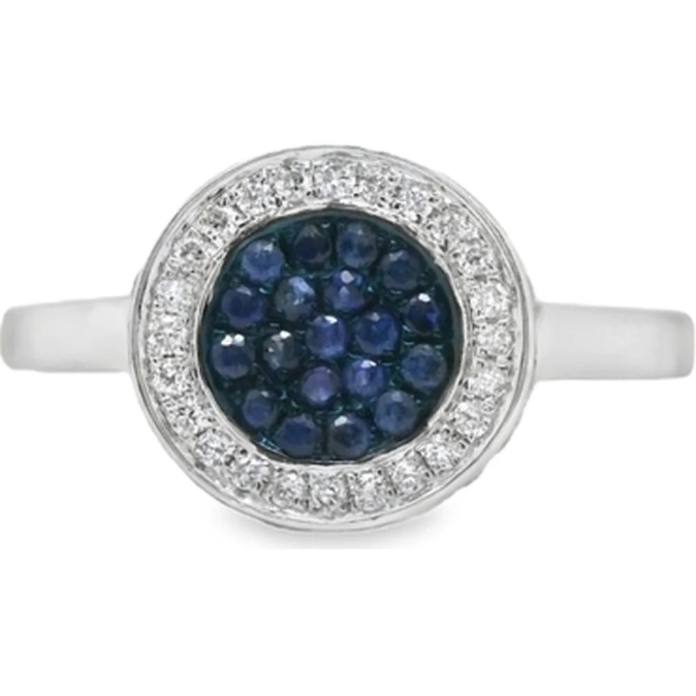 18K White Gold Round Blue Sapphire Cluster Ring with Diamond Halo by Afarin