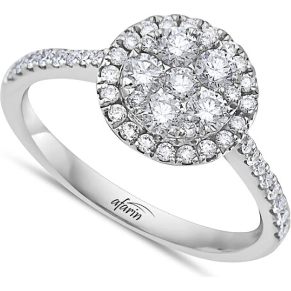 18K White Gold Round Diamond Cluster Halo Ring with Pavé Diamond Band by Afarin