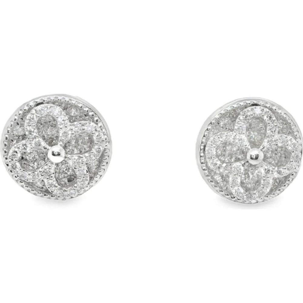 18K White Gold Round Floral Diamond Stud Earrings by Afarin