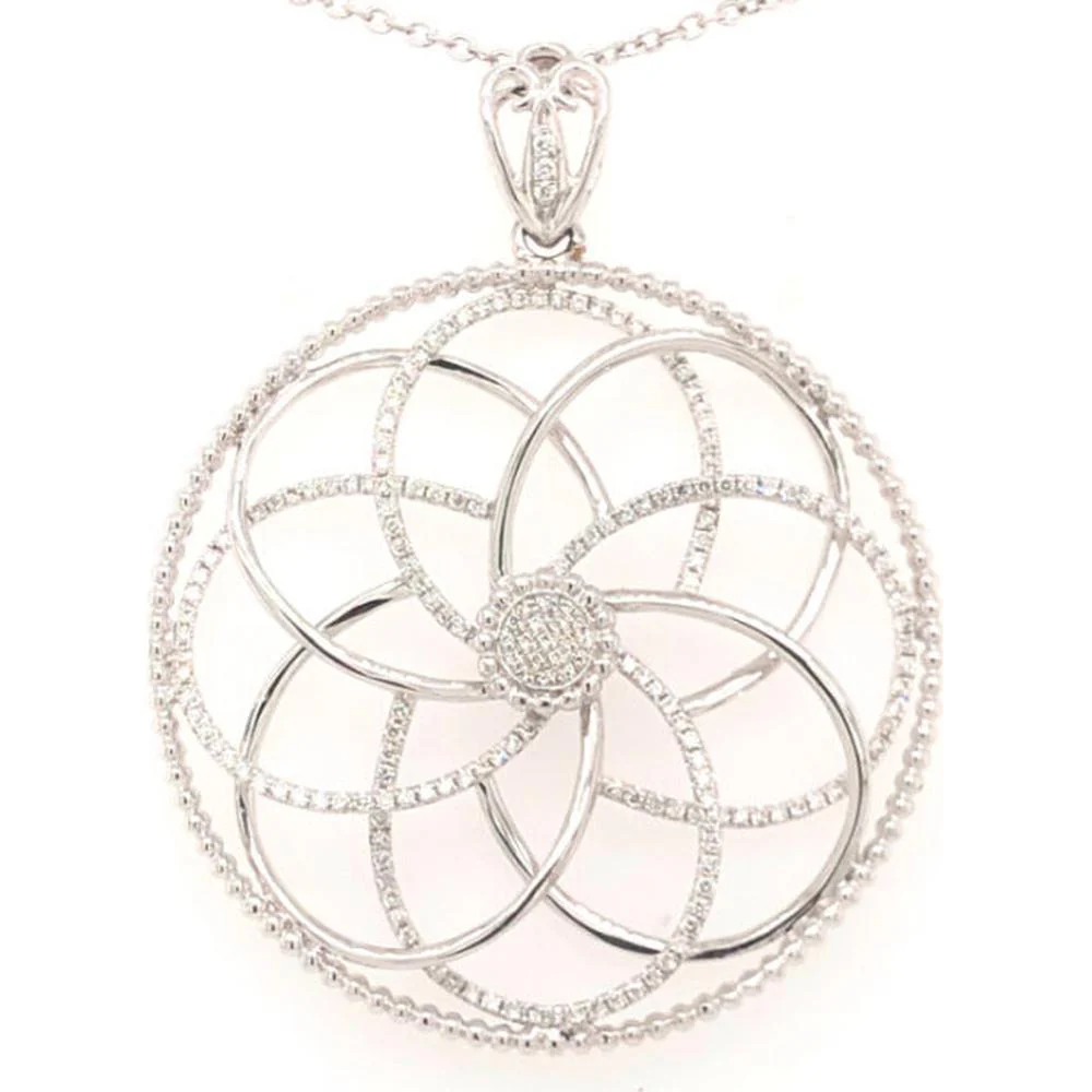 18K White Gold Round Openwork Diamond Pendant Necklace with Floral Swirl Motif by Afarin