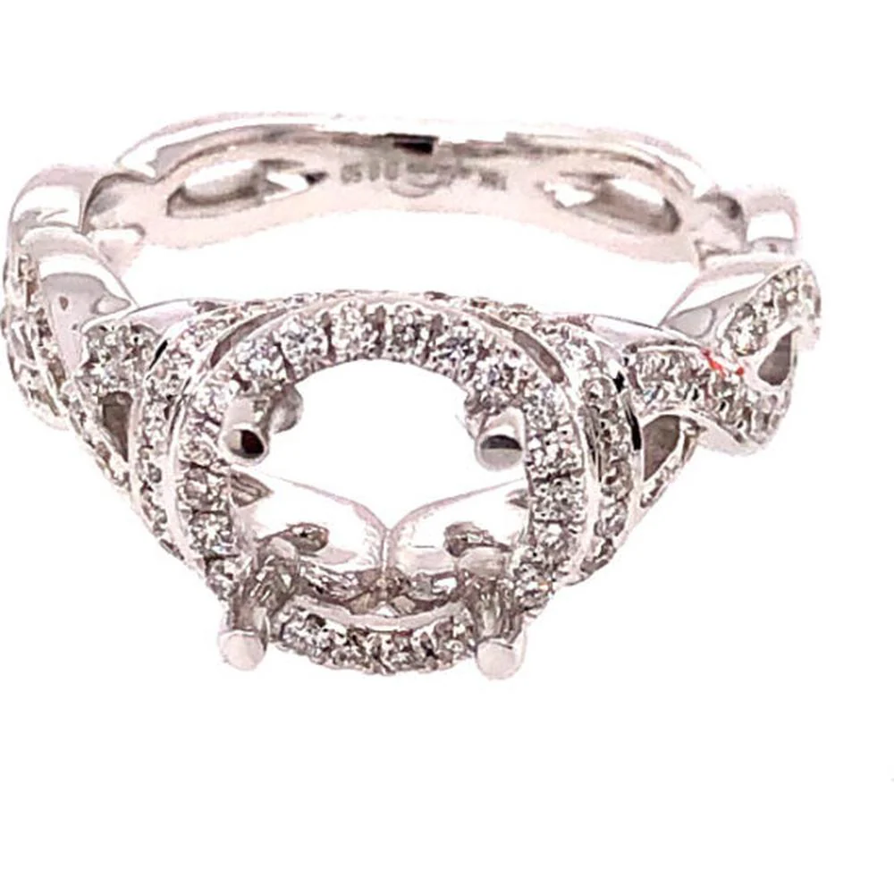 18K White Gold Round Semi-Mount Ring with Diamond Halo and Openwork Diamond Shoulders by Afarin