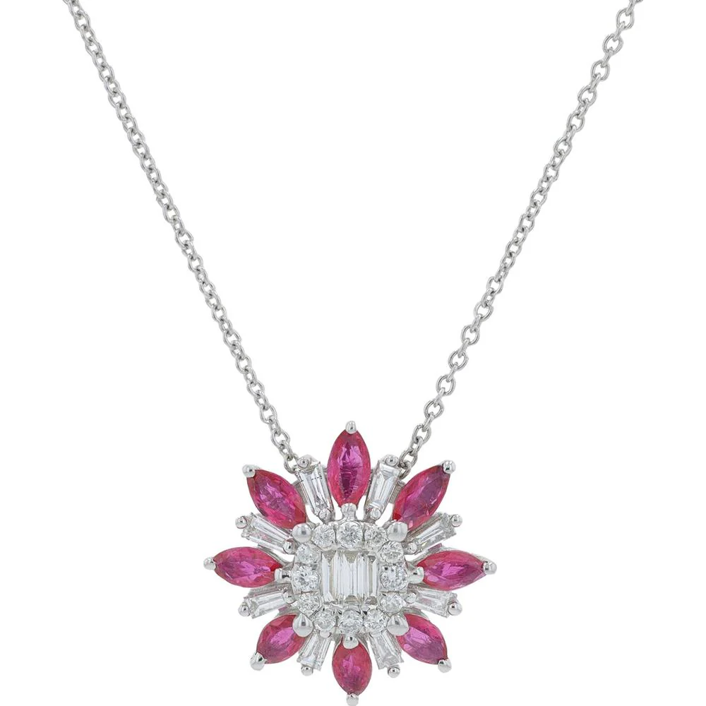 18K White Gold Ruby and Diamond Halo Pendant Necklace - 0.70 Carat Ruby, 0.35 Carat Total Diamond Weight