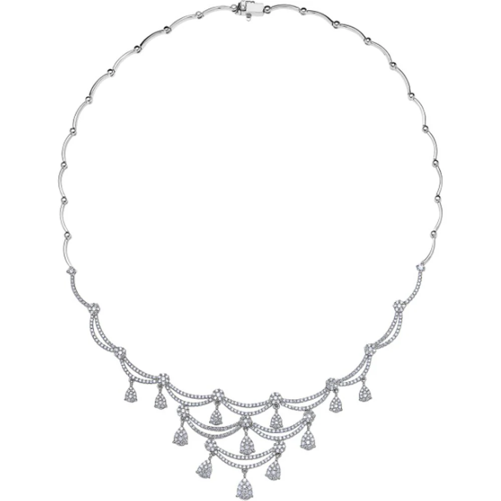 18K White Gold Scalloped Drop Necklace with Round Diamonds by Afarin