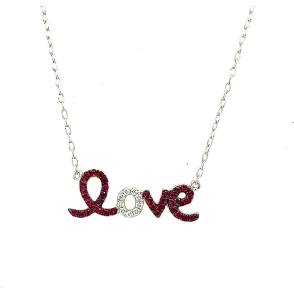18K White Gold Script Love Necklace with Ruby Accents and Diamond Center by Afarin
