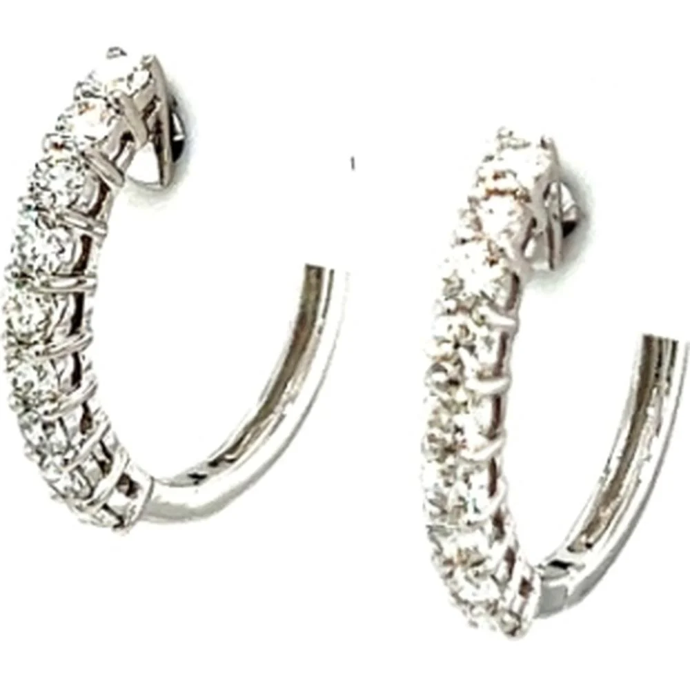 18K White Gold Small Hoop Earrings with Prong-Set Round Diamonds by Afarin