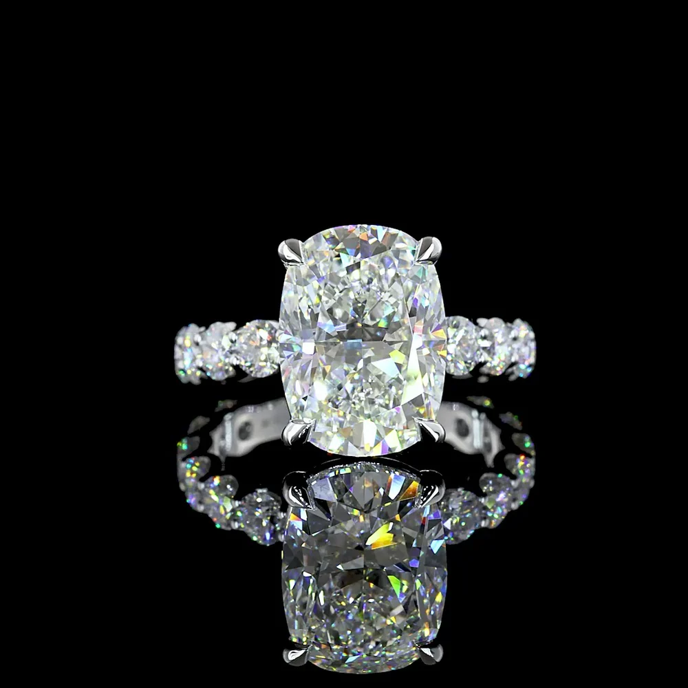 18K White Gold Solitaire Shank Ring featuring a 5.09 Carat Cushion Brilliant Lab Diamond with 1.80 Carat Accent Diamonds - IGI Certified, 6.89 Total Carat Weight - Covaloro Fine Jewelry