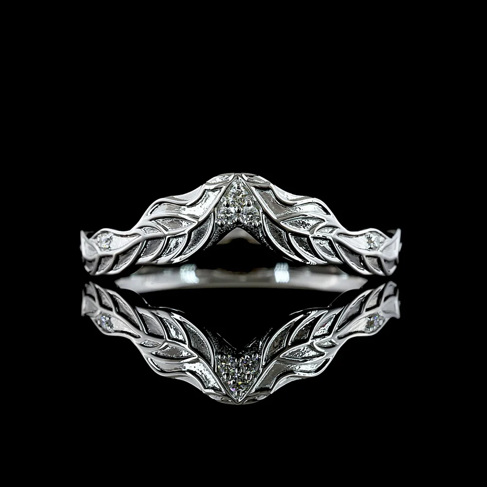 18K White Gold Special Contour Eternity Band with Leaf Motif and 5 Round Lab Diamonds - 0.03 Total Carat Weight, E-F Color, VS1 Clarity - Covaloro Fine Jewelry